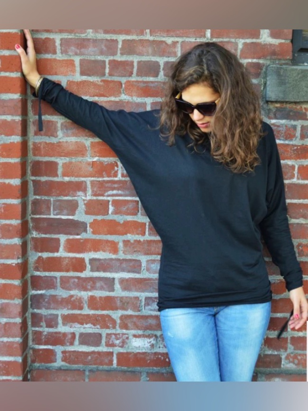 Una Pluma Long Cinched Tie Sleeve Top - 95% organic cotton - in black